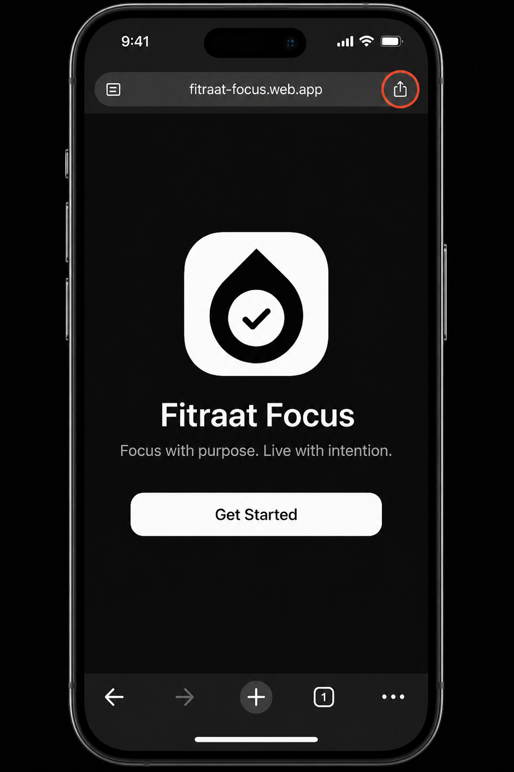 iPhone Safari with Fitraat Focus and Share button highlighted