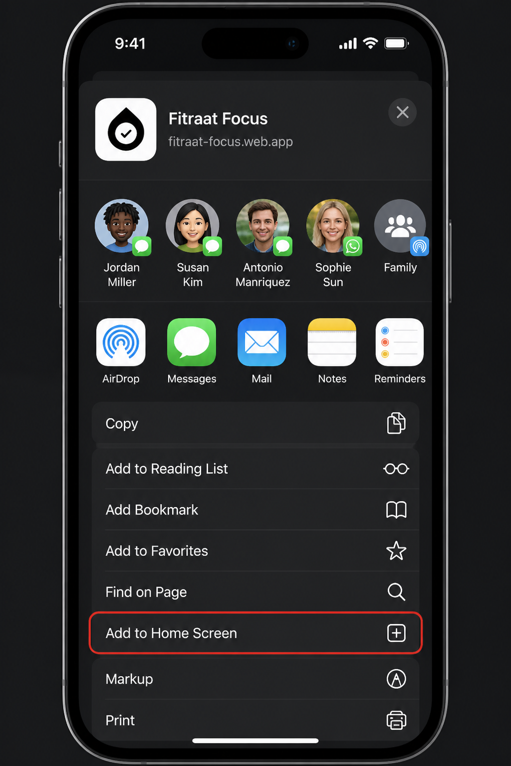 Safari Share sheet showing Fitraat Focus Add to Home Screen