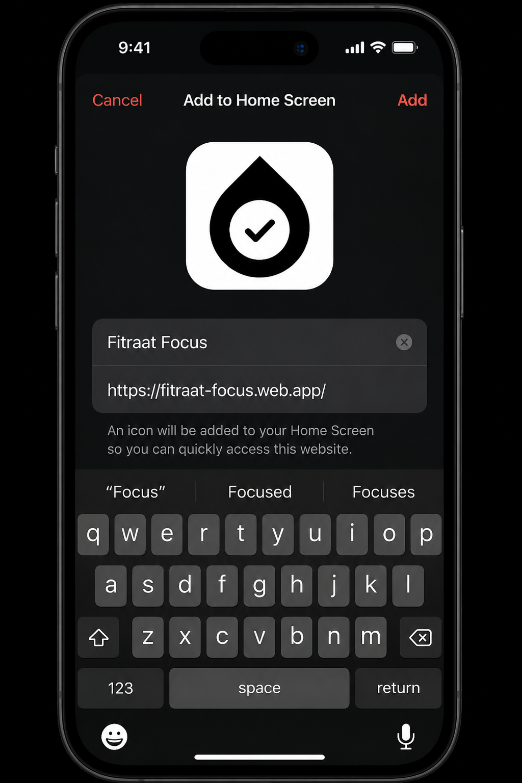 Add Fitraat Focus to Home Screen confirmation